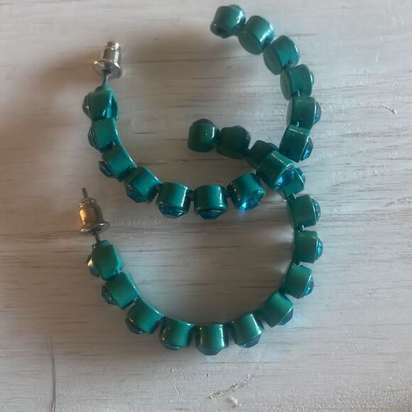 Teal Colored Rhinestone Hoop Earrings - Picture 7 of 11
